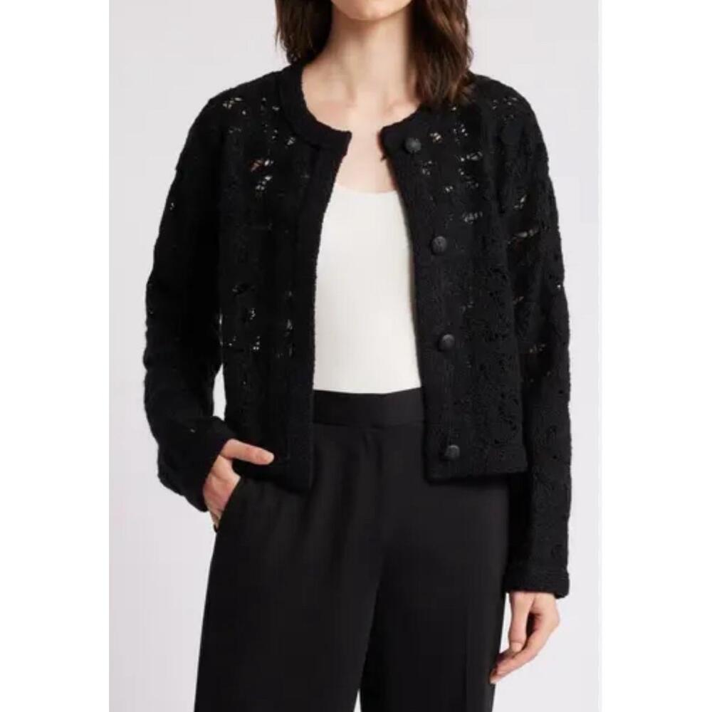 Kobi Halperin Cece Sweater Black Knit Crochet Cardigan Small NWT